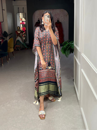 Multi Color Ajrakh Digital Printed Gaji Silk Kaftan ClothsVilla