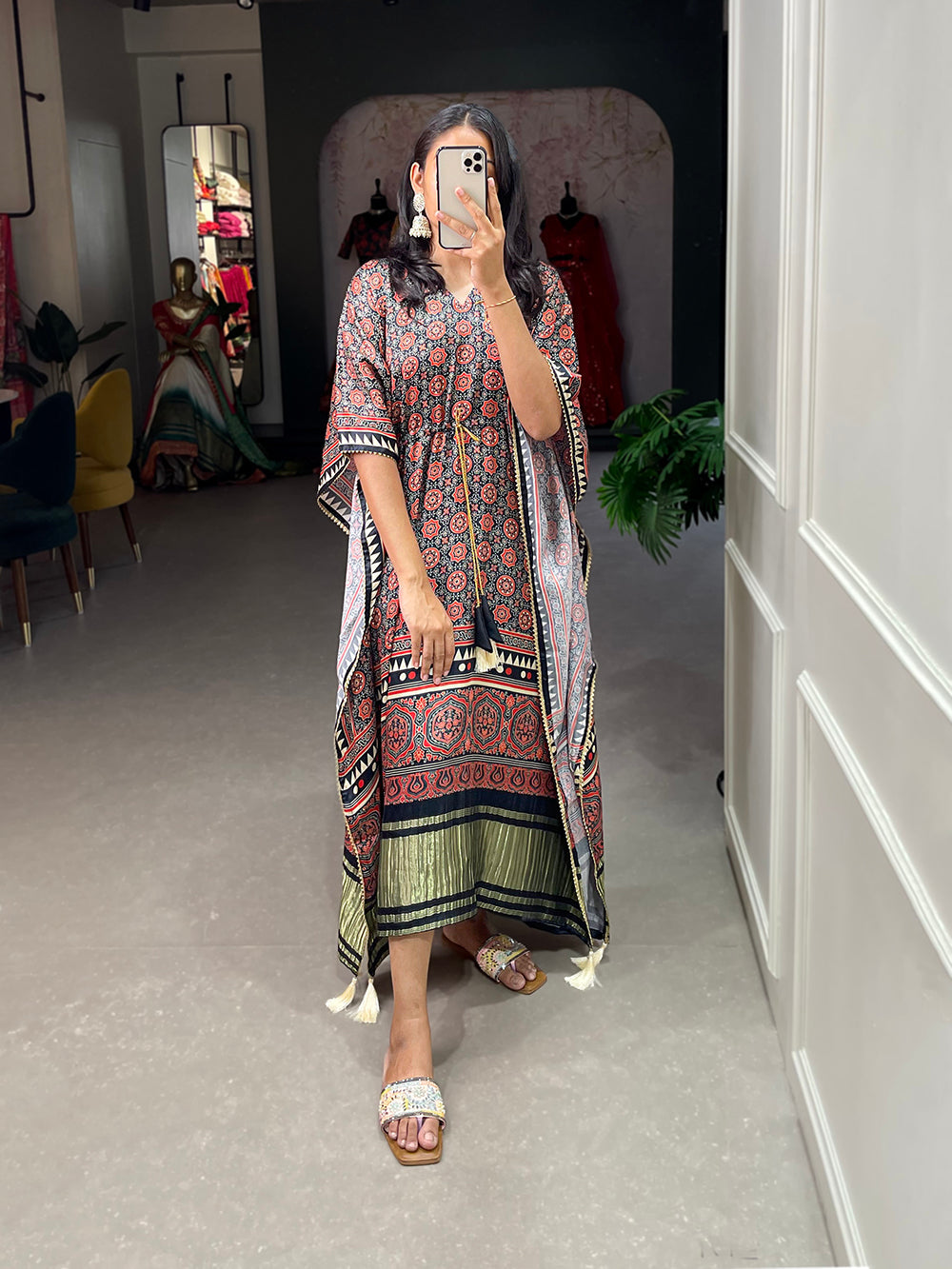 Multi Color Ajrakh Digital Printed Gaji Silk Kaftan ClothsVilla