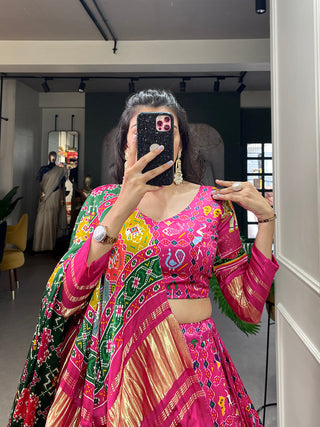 Rani Pink Color Digital Printed With Lagadi Patta Gaji Silk Lehenga Choli Clothsvilla