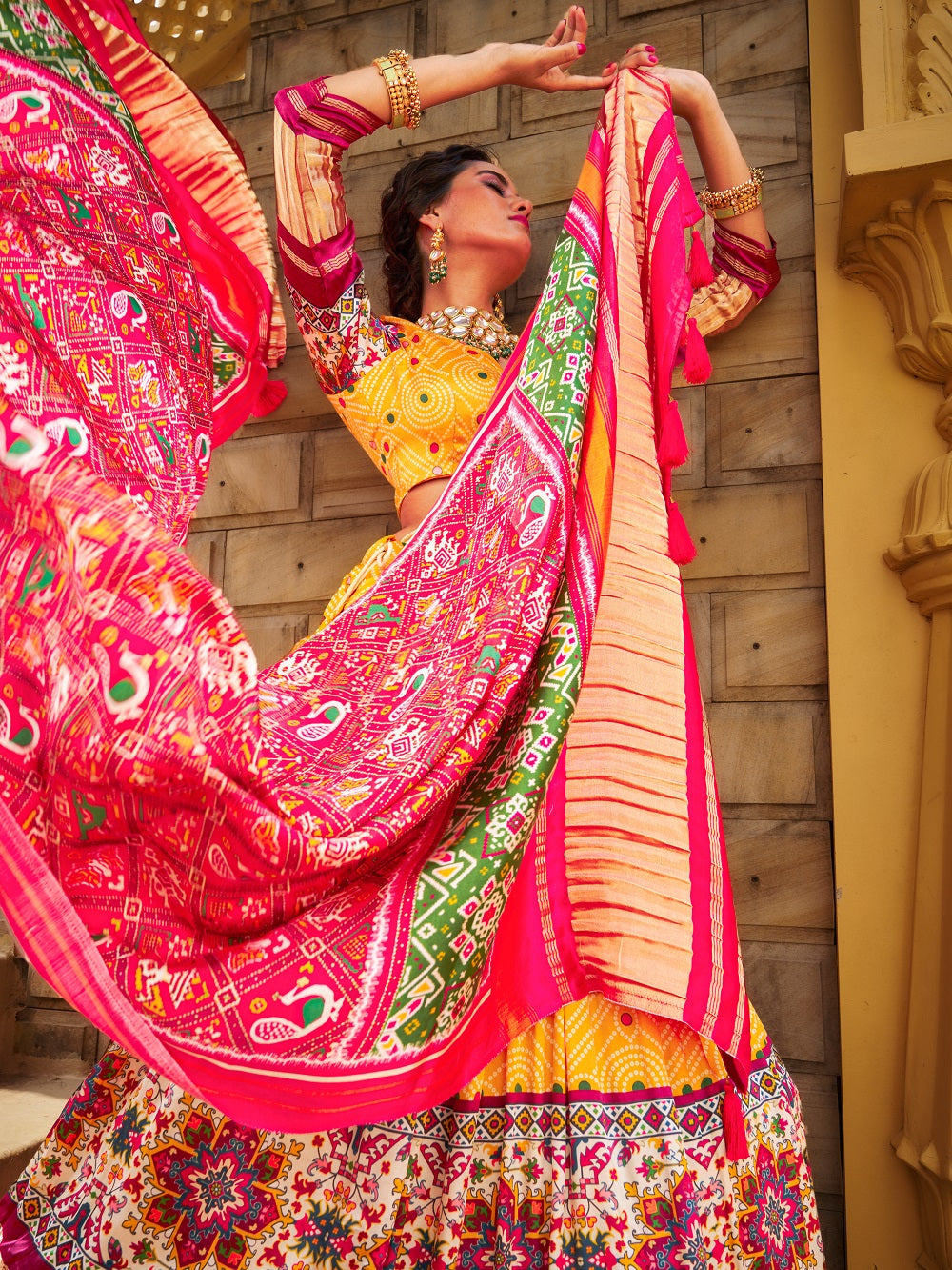 Yellow Color Digital Printed gaji Silk Lehenga Clothsvilla