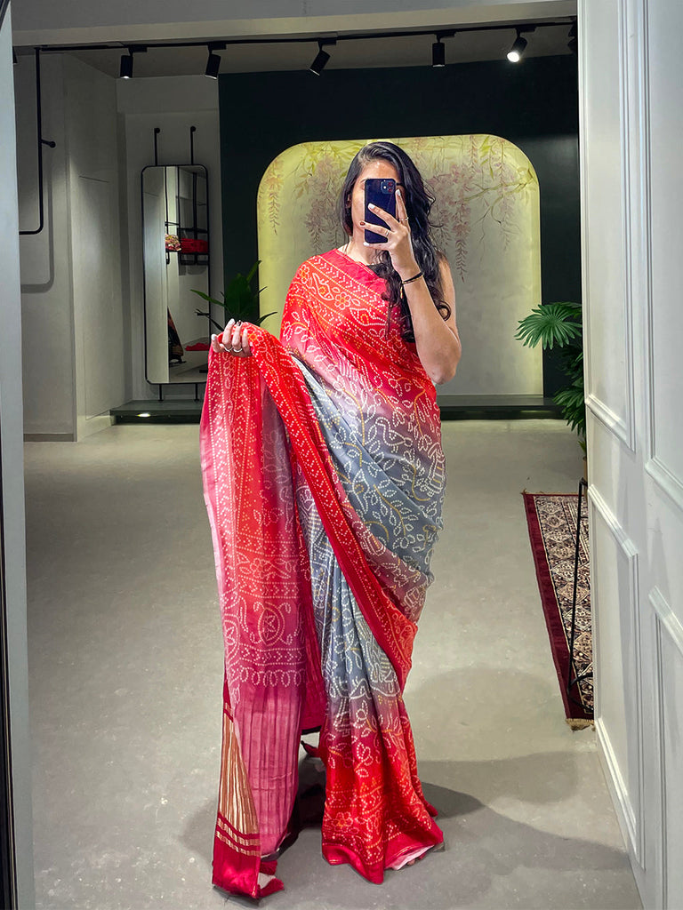 Red Color Floral & Foil Work Gaji Silk Saree Clothsvilla