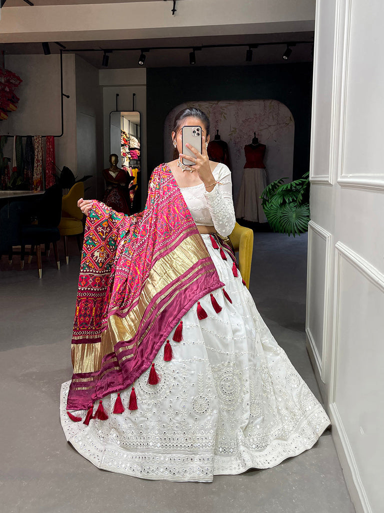 White Color Lucknowi Paper Mirror Work Georgette lehenga Choli ClothsVilla.com