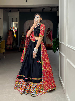 Black Color Gamthi Work With Mirror Work Cotton Chaniya Choli ClothsVilla.com