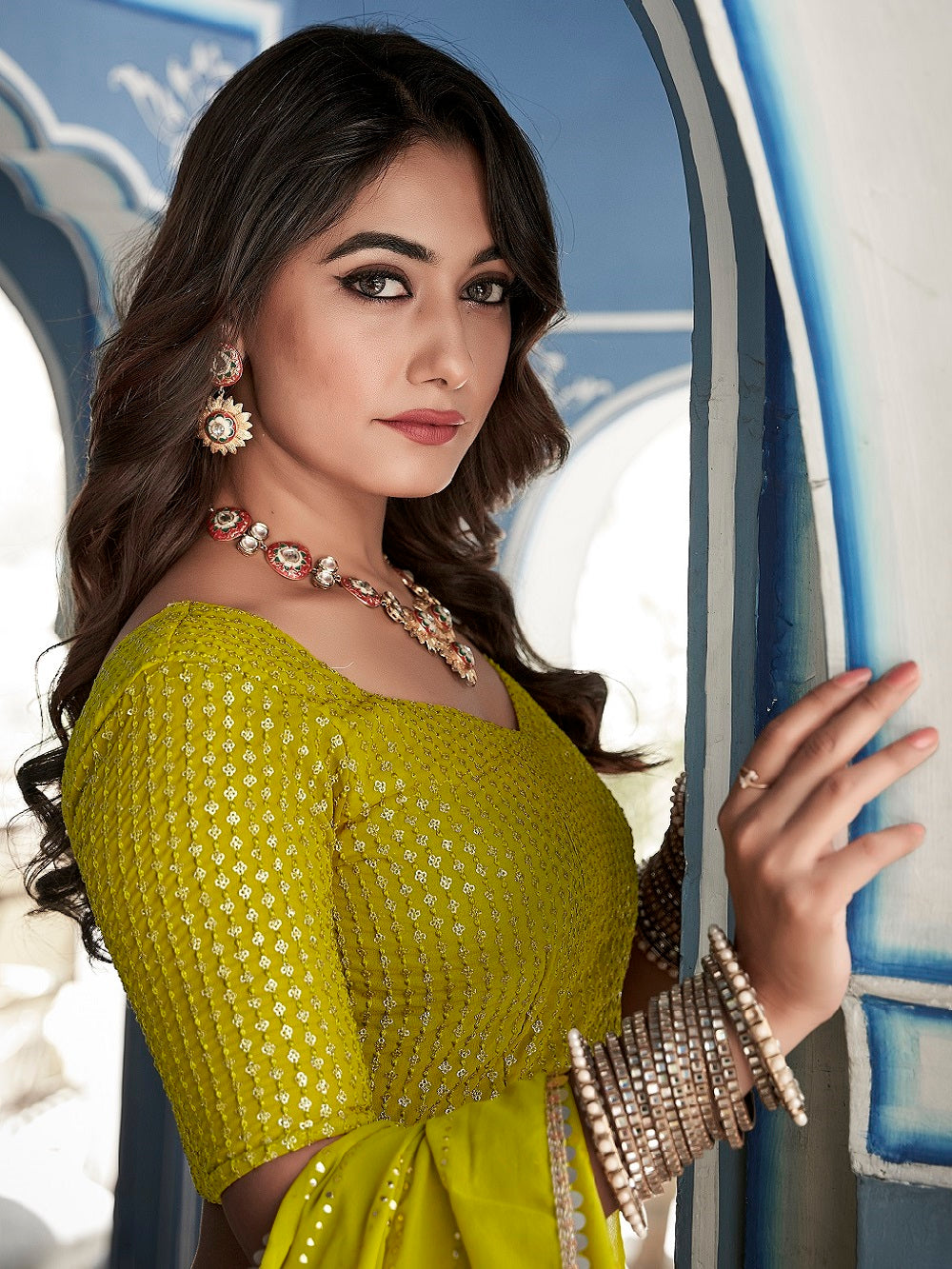 Mehndi Color Lucknowi Thread & Sequins Embroidery Work Georgette Lehenga Choli ClothsVilla.com