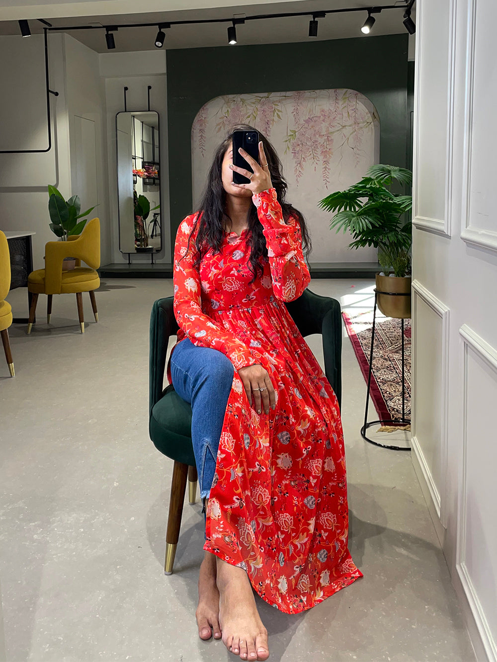 Red Color Floral Printed Georgette Material Naira Cut Kurti Clothsvilla