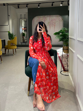 Red Color Floral Printed Georgette Material Naira Cut Kurti Clothsvilla