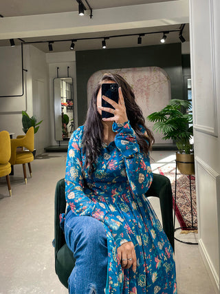 Blue Color Floral Printed Georgette Material Naira Cut Kurti Clothsvilla