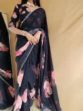 Load image into Gallery viewer, Black Color printed With Peral Lace Border Georgette Saree Clothsvilla