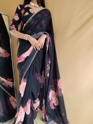 Black Color printed With Peral Lace Border Georgette Saree Clothsvilla