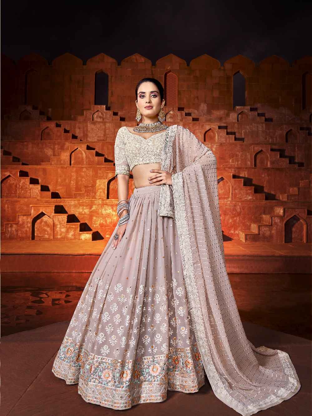 Peach Color Sequins With Embroidery Work Rajwadi Sana Silk Lehenga Choli Clothsvilla