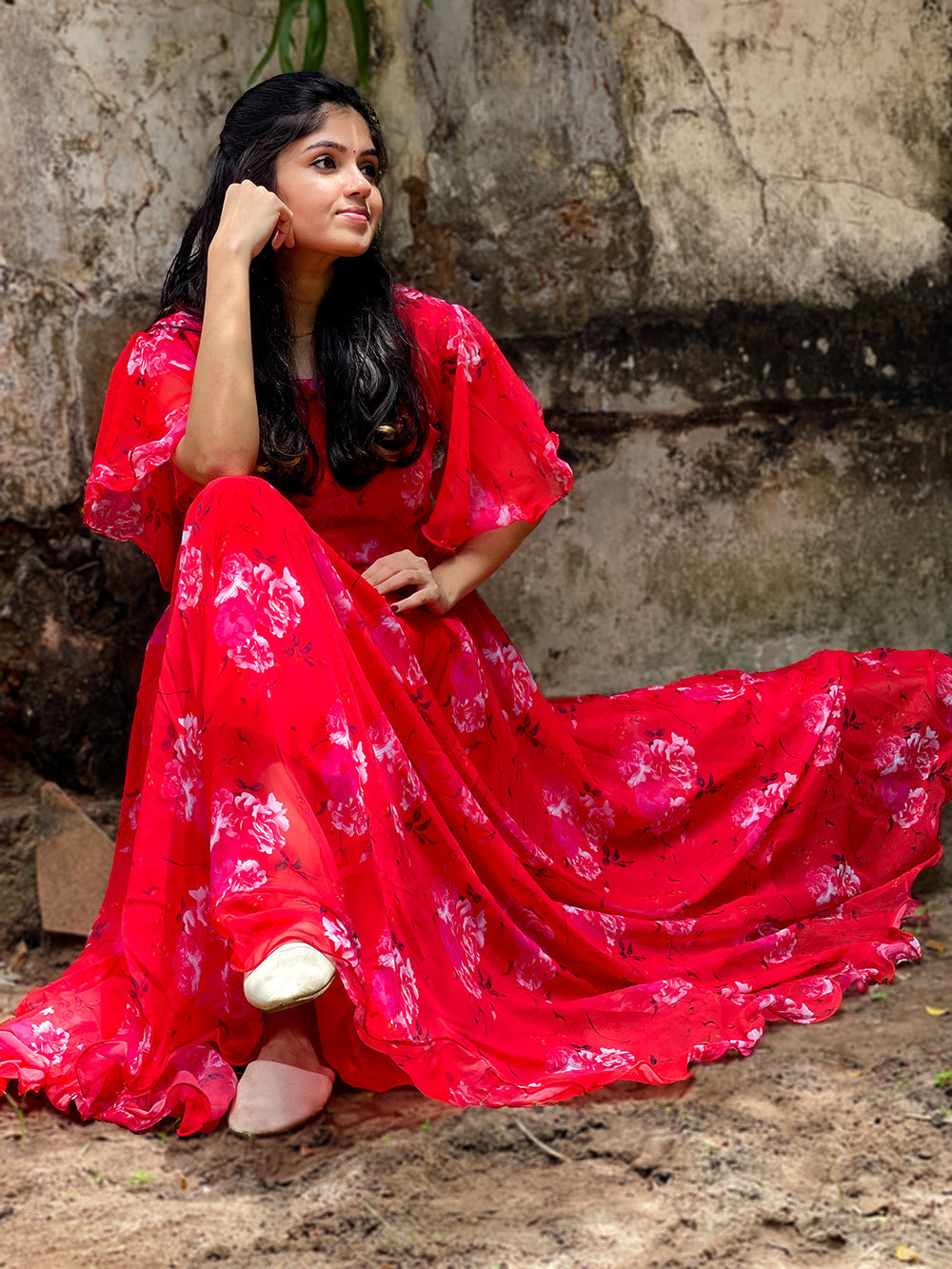 Red Color Digital Printed Georgette Gown Clothsvilla