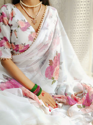 White Color Printed With Pearl Lace Border Georgette Saree Clothsvilla