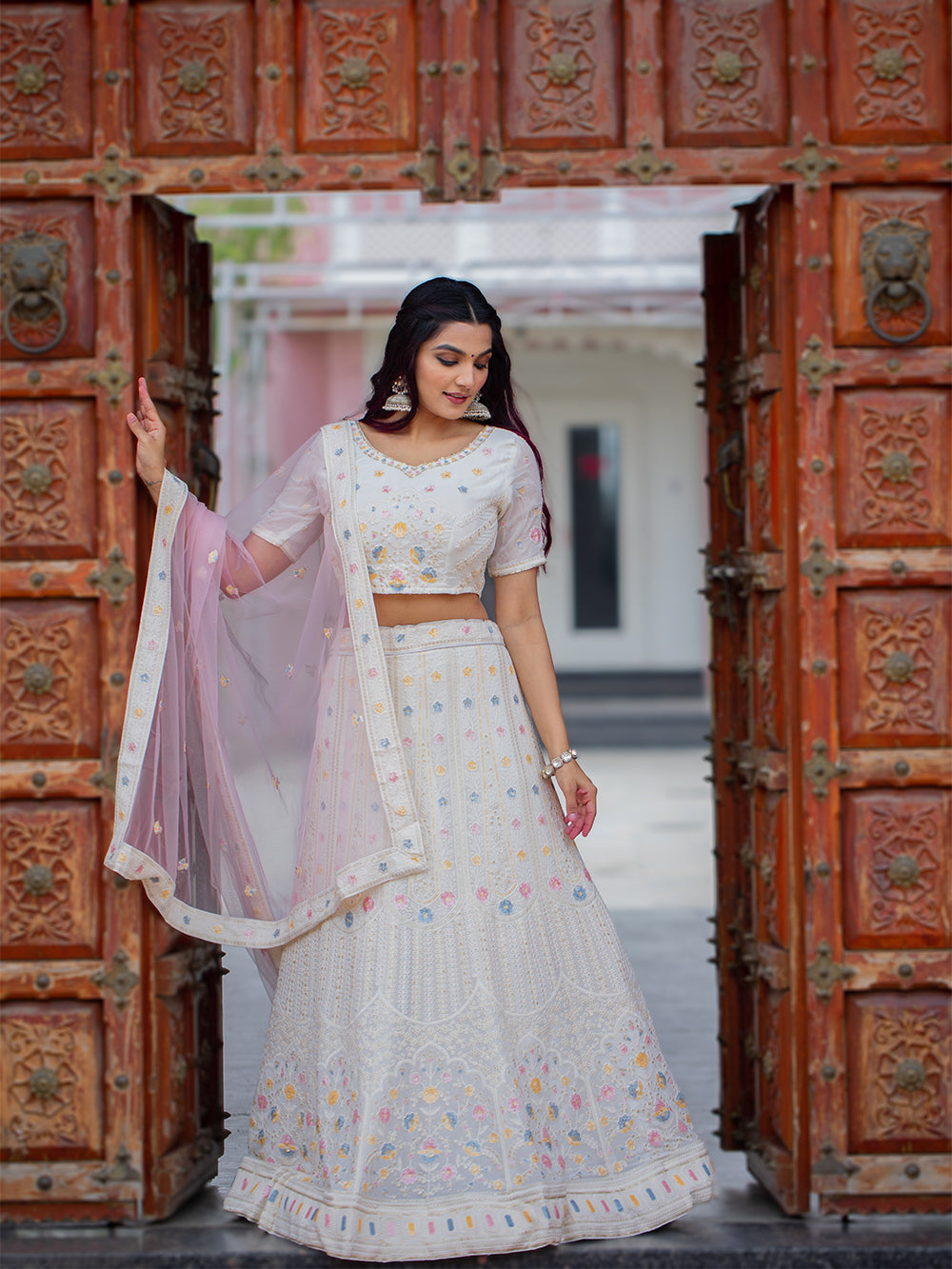 White Color  Lucknowi Work Georgette Chaniya Choli Clothsvilla