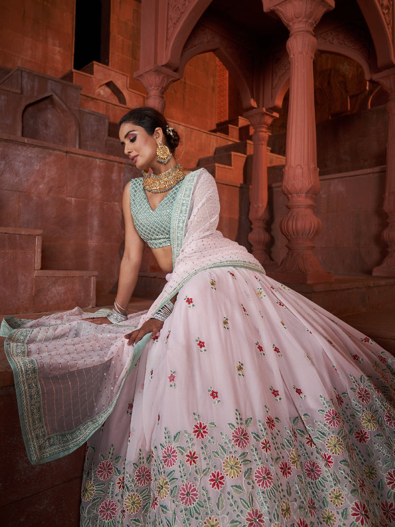 Light Pink Color Sequins With Embroidery Work Georgette Lehenga Choli Clothsvilla