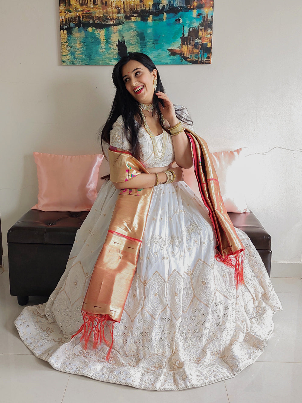 White Color Lucknowi Sequins & Paper Mirror Work Georgette Lehenga Choli Sets Clothsvilla