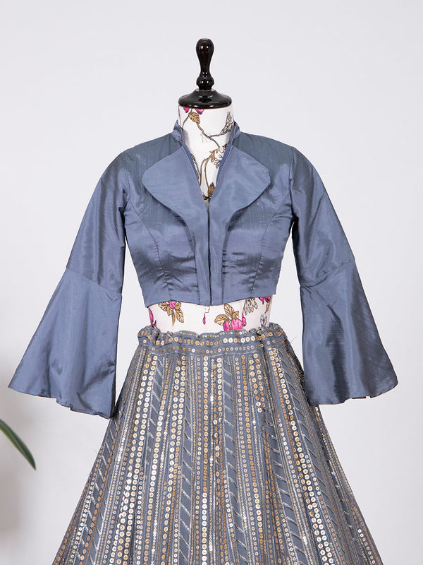 Grey Color Sequins And Thread Embroidery Work Georgette Lehenga Choli Clothsvilla