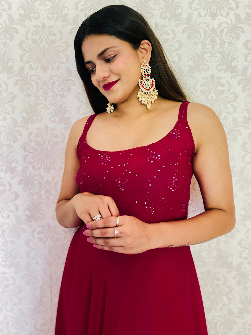 Rani Pink Color Sequins And Thread Embroidery Work Georgette Gown Clothsvilla