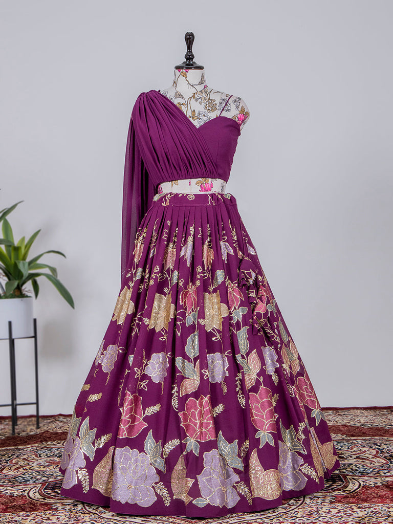 Wine Color Thread And Sequins Embroidery Work georgette Lehenga Coli Clothsvilla