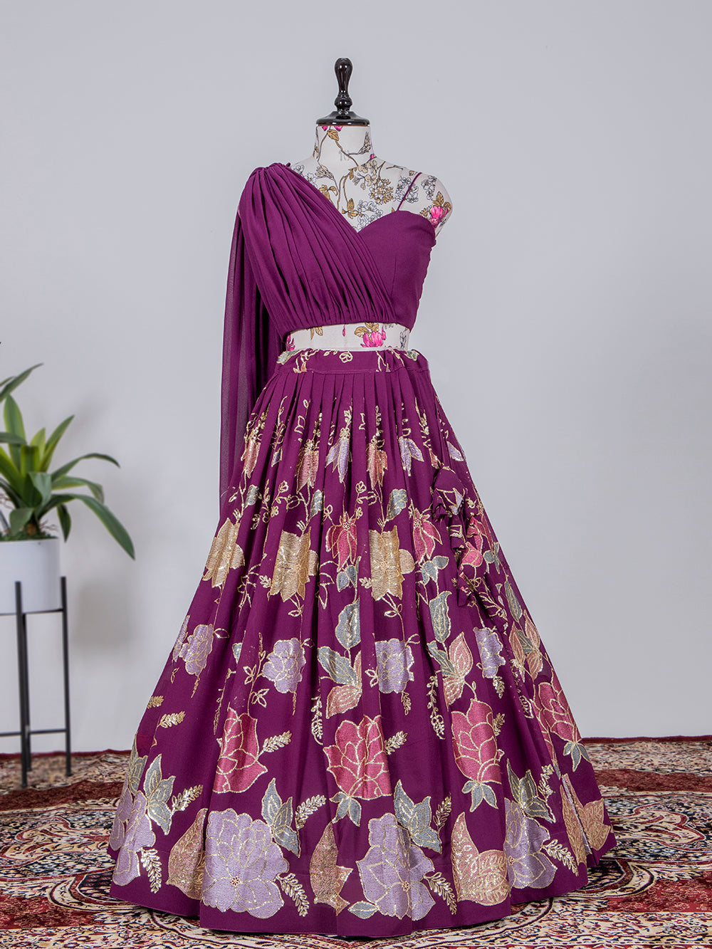 Wine Color Thread And Sequins Embroidery Work georgette Lehenga Coli Clothsvilla Main image