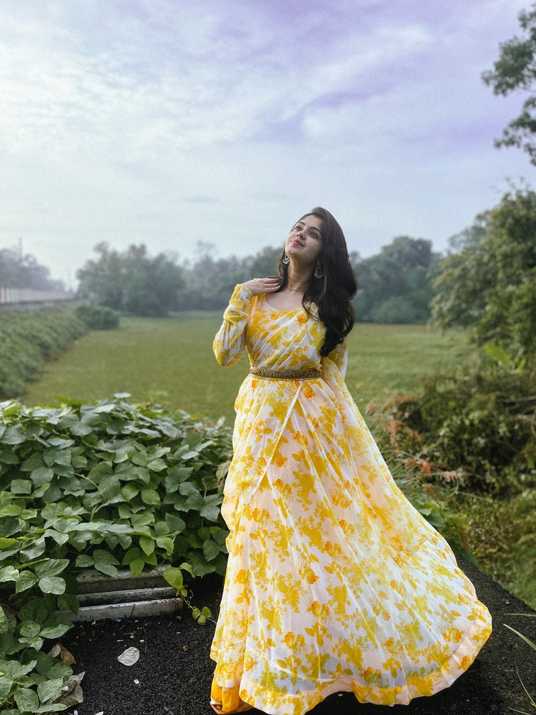 Yellow Color Digital Printed Georgette Gown Clothsvilla