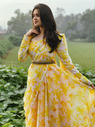 Yellow Color Digital Printed Georgette Gown Clothsvilla