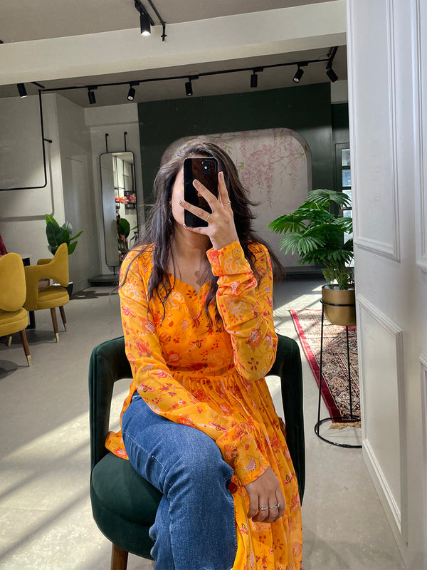 Yellow Color Floral Printed Georgette Naira Cut Kurti Clothsvilla
