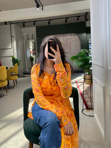 Yellow Color Floral Printed Georgette Naira Cut Kurti Clothsvilla