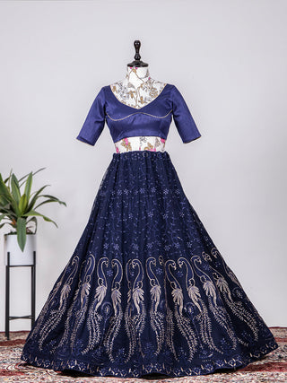 Navy Blue Color Sequins & Thread Embroidery Work Georgette Lehenga Clothsvilla