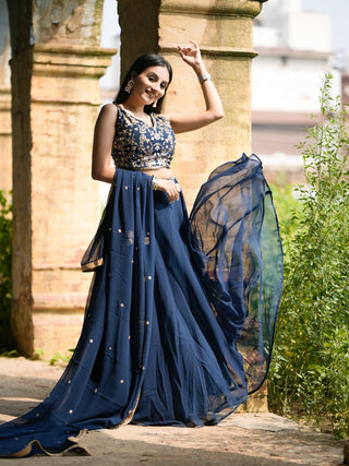 Navy Blue Georgette Sequins And Thread Embroidery Work Lehenga Choli Clothsvilla