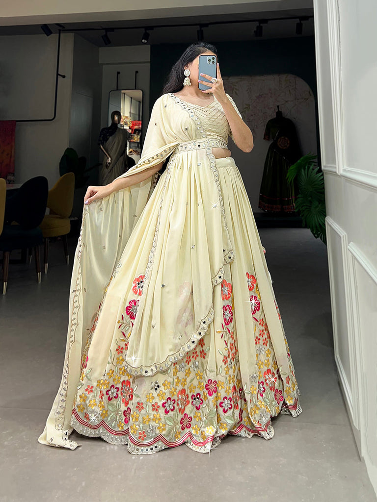 Off White Color Sequins And Embroidery With Original Mirror Work Georgette Lehenga Choli Clothsvilla