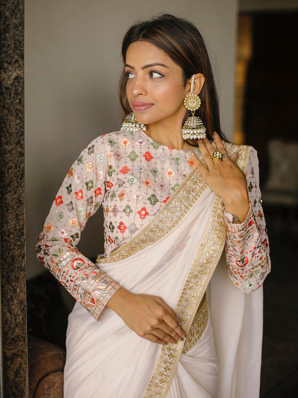 Cream Color Sequins & Thread Embroidery Border Work Georgette Saree Clothsvilla