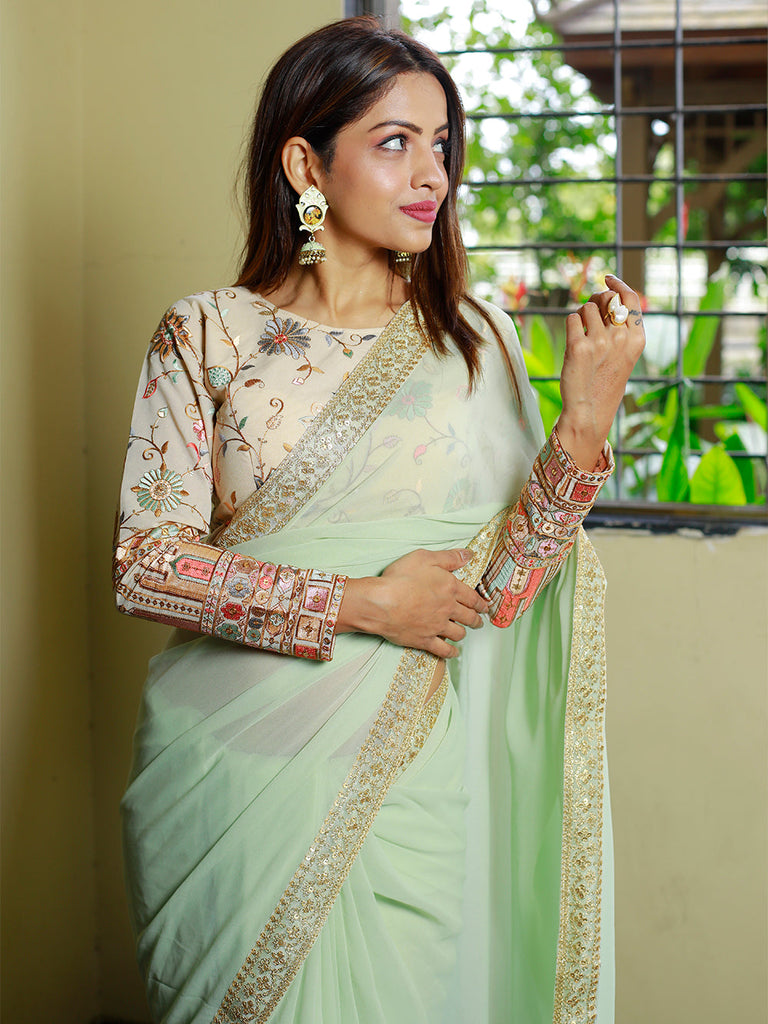 Buy Party Wear Pista Green Embroidery Work Georgette Saree Online