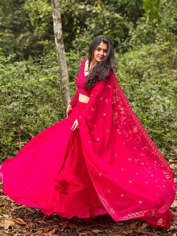 Rani Pink Color Plain Work Blooming Georgette Lehenga Choli Clothsvilla