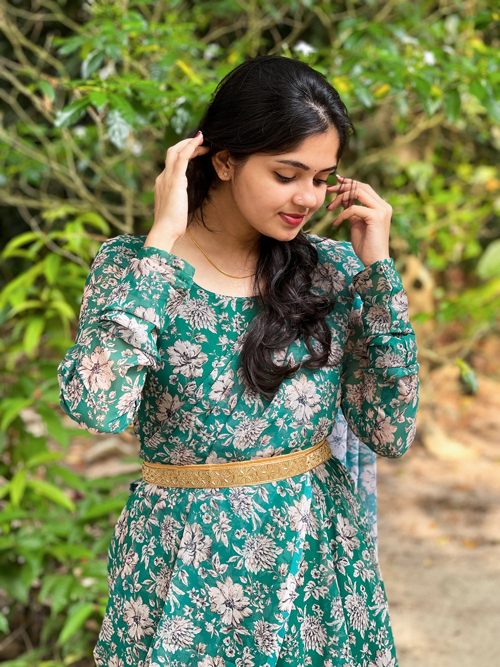 Green Color Digital Printed Georgette Gown Clothsvilla