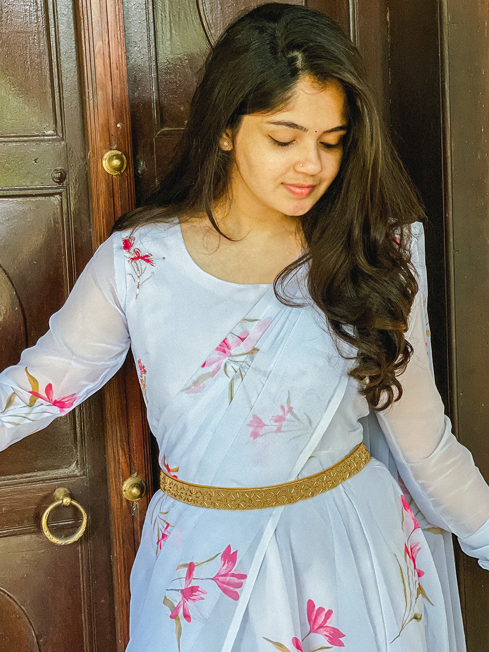 Sky Blue Color Printed Georgette Gown Clothsvilla