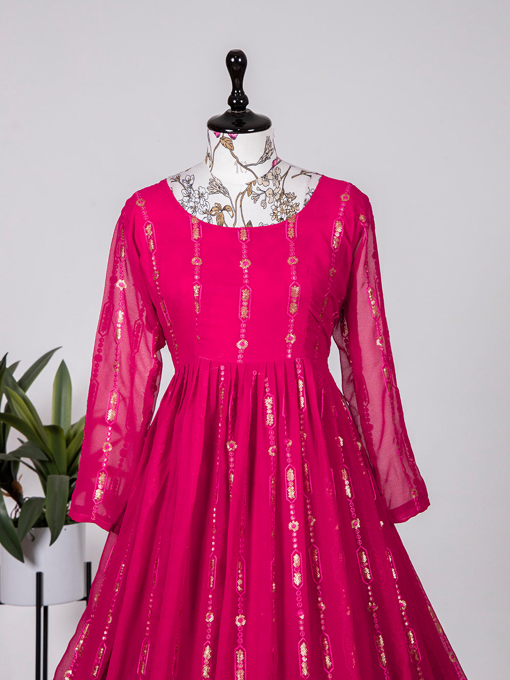 Rani Pink Color Sequins And Thread Embroidery Work Georgette Gown Clothsvilla