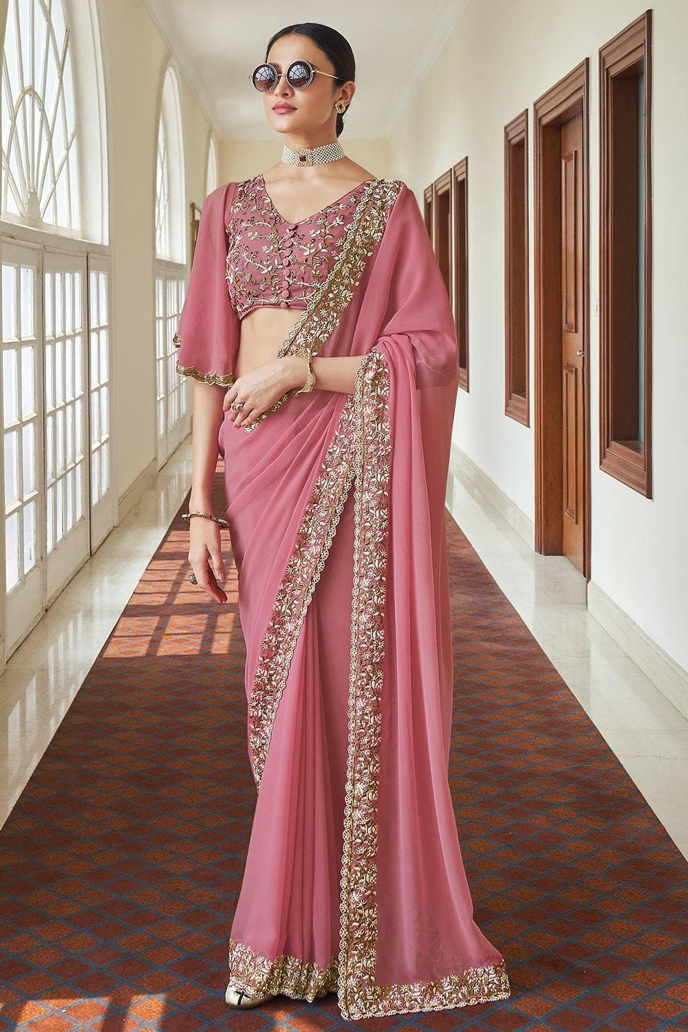 Pink Georgette RESHAM, ZARI, BEADS WORK  Designer Saree Clothsvilla