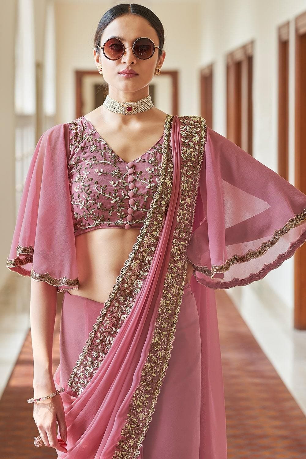 Pink Georgette RESHAM, ZARI, BEADS WORK  Designer Saree Clothsvilla