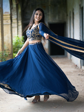 Navy Blue Georgette Sequins And Thread Embroidery Work Lehenga Choli Clothsvilla