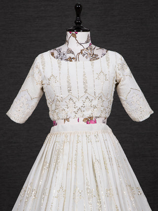 White Color Sequins And Thread Embroidery Work Georgette Lehenga Choli Clothsvilla