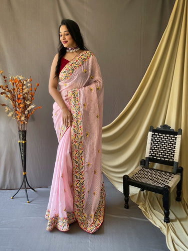 Pastel Pink Saree in Georgette Sequins Designer Embroidered