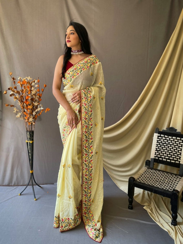 Georgette Sequins Embroidered Saree Pastel Yellow Clothsvilla