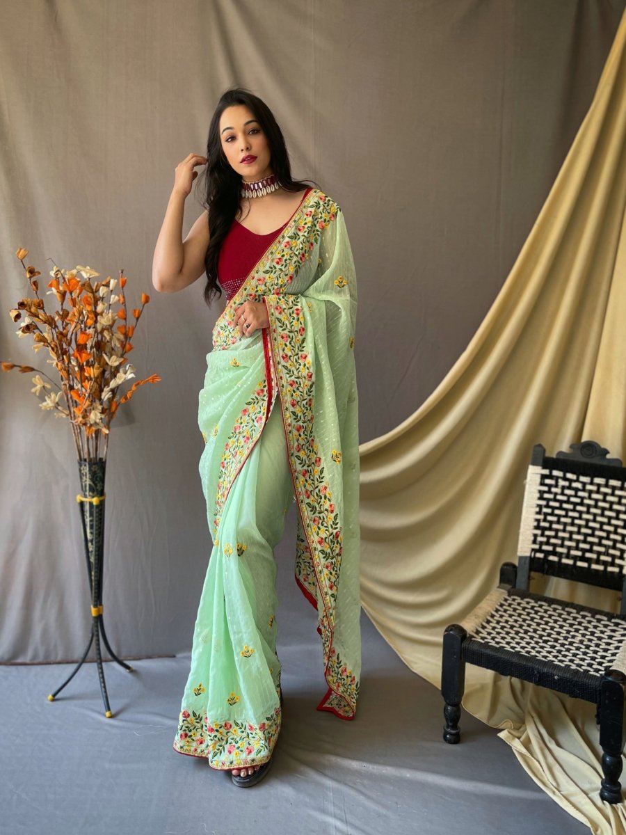 Georgette Sequins Embroidered Saree Pista Green Clothsvilla