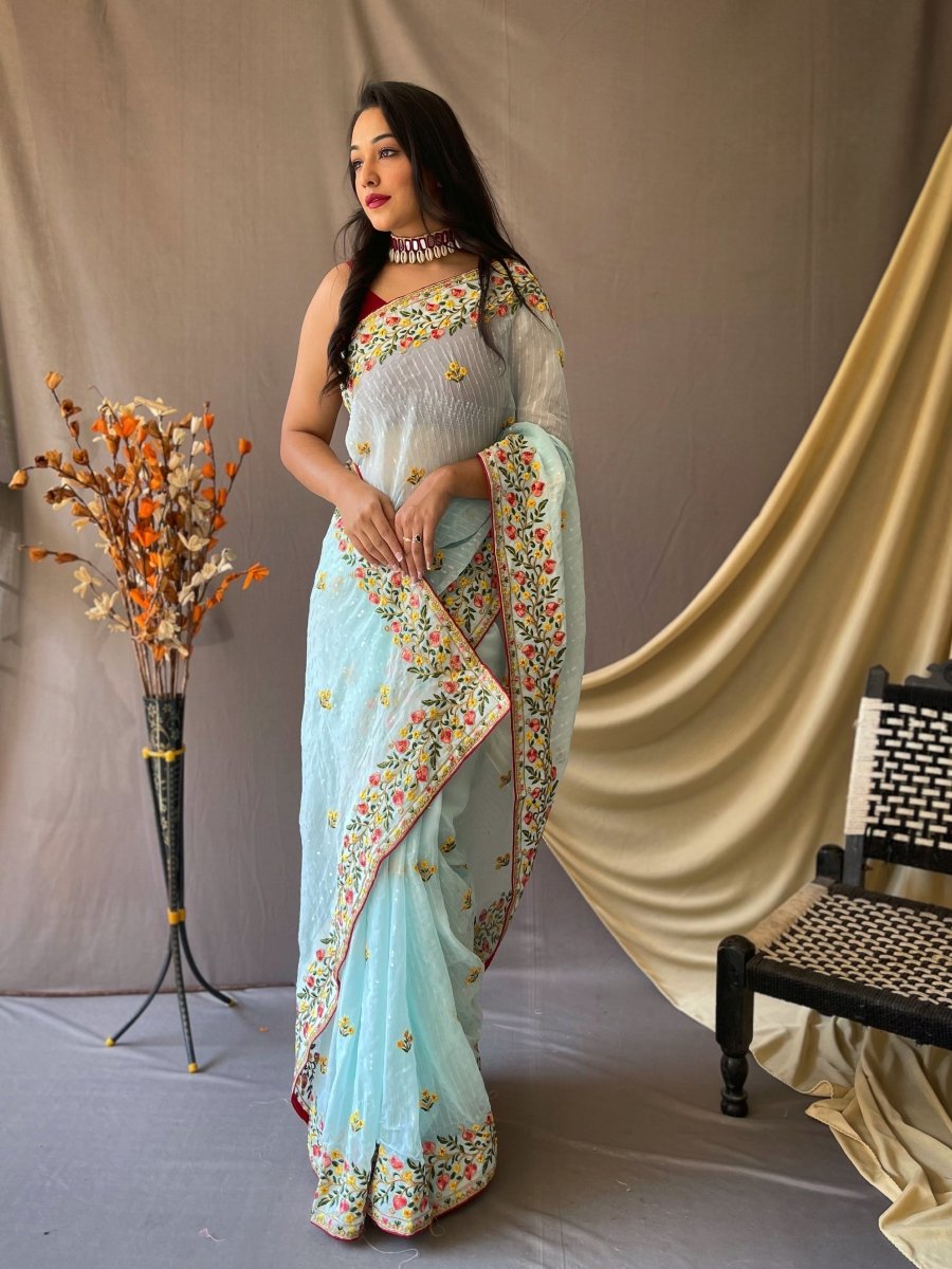 Georgette Sequins Embroidered Saree Sky Blue Clothsvilla