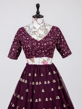 Wine Color Sequins & Embroidery Thread Work Georgette Lehenga Choli Clothsvilla