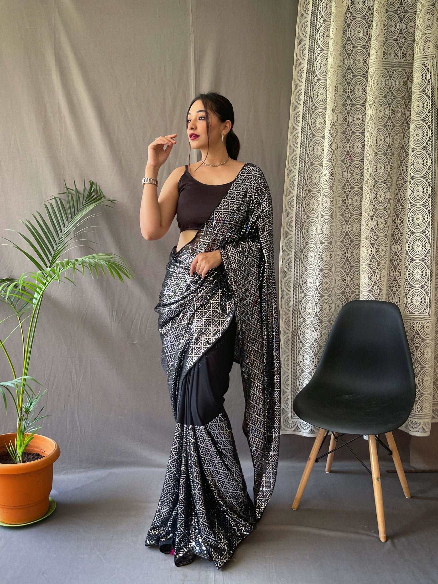 Black Designer Saree in Georgette with Sequins Embroidered Work Clothsvilla