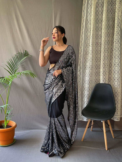 Black Designer Saree in Georgette with Sequins Embroidered Work Clothsvilla Main image