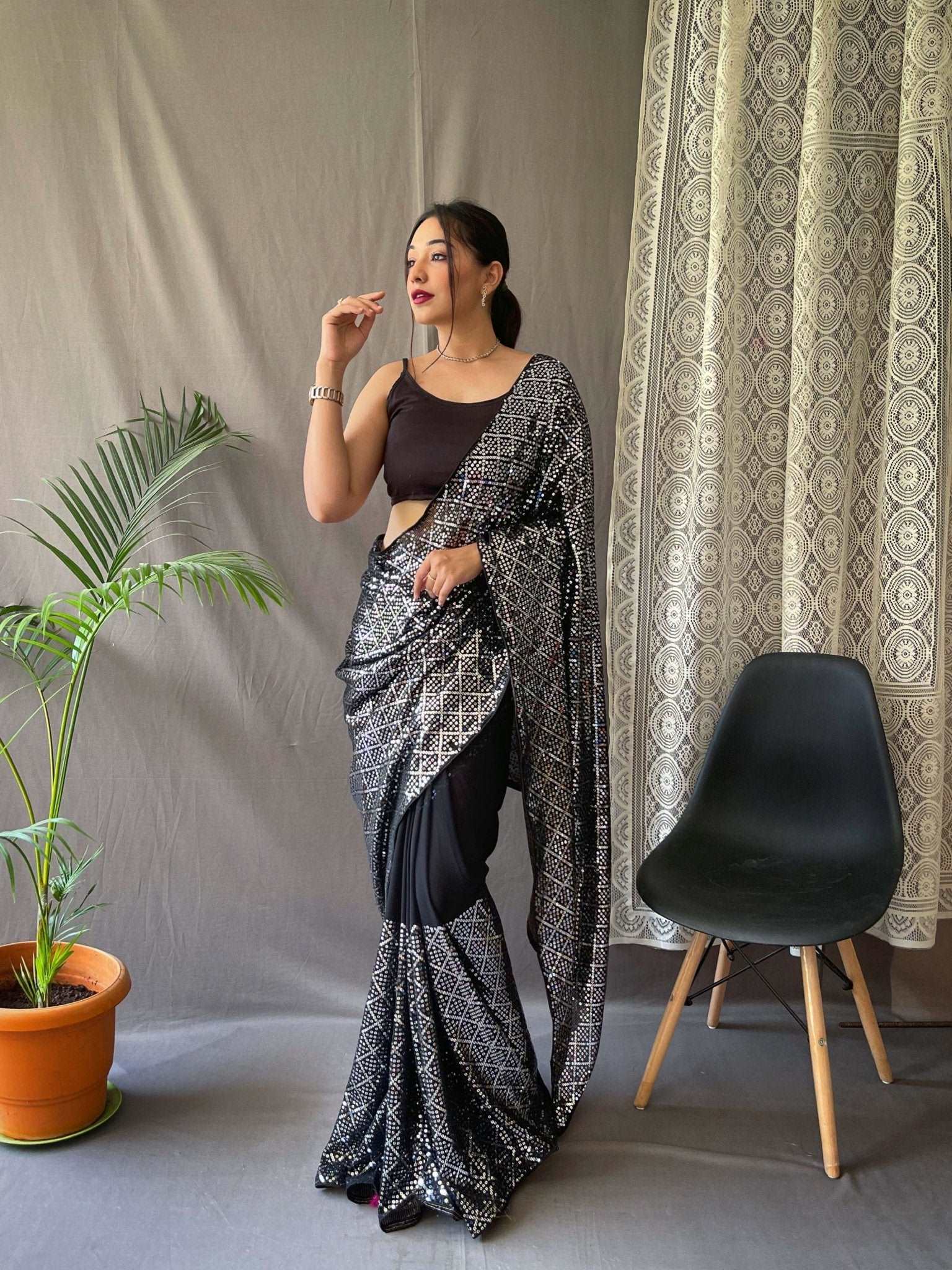 Buy SWORNOF Women's Chanderi Cotton Saree With Blouse Piece (Navy Blue  -combo_Black) at Amazon.in