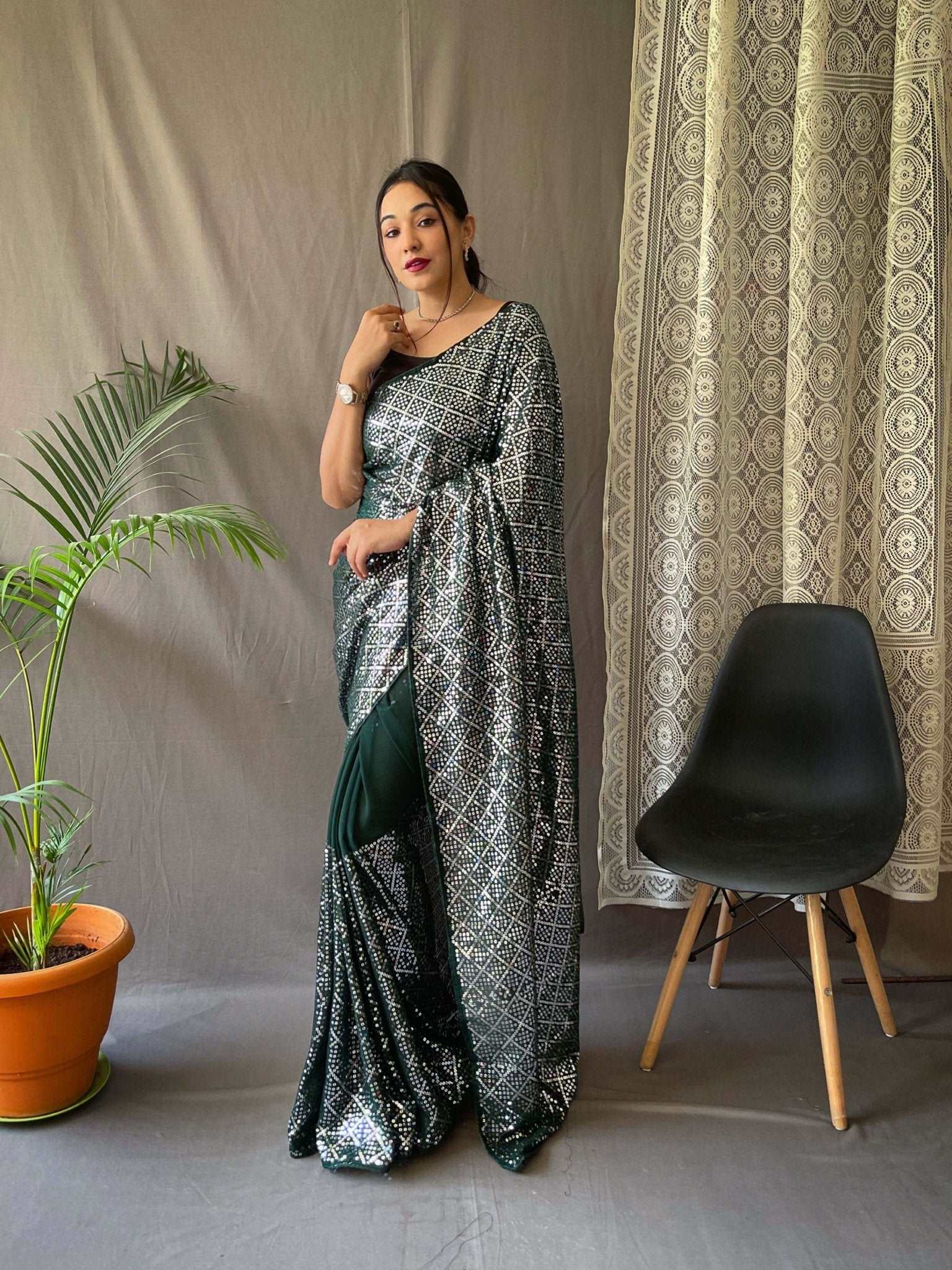 Dark Green Designer Saree in Georgette with Sequins Embroidered Work Clothsvilla