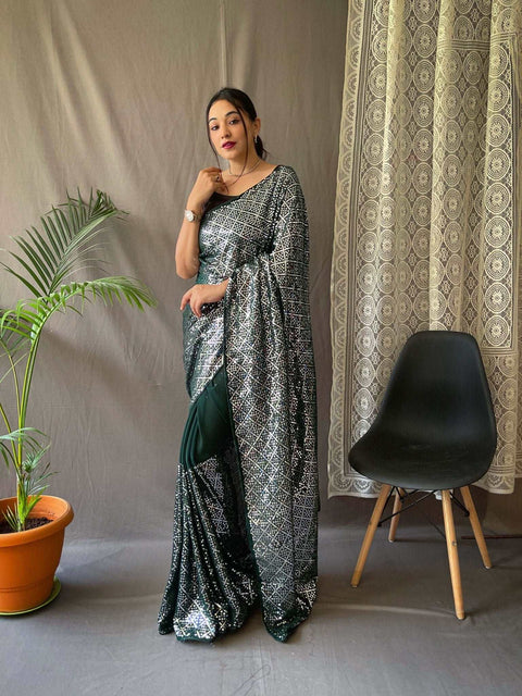 Dark Green Designer Saree in Georgette with Sequins Embroidered Work Clothsvilla Main image